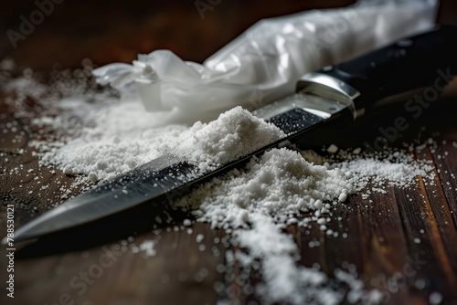 A knife and a handful of cocaine are placed on the table, creating a scene of potential drug use. The sharp object and white powder represent dangers associated with drug addiction and crime