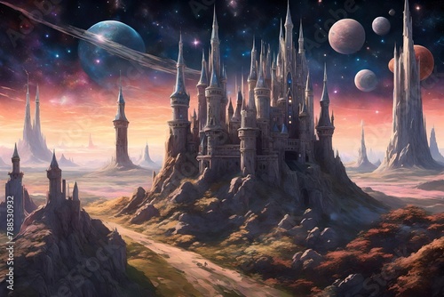 a cosmic castle, where towers shimmer with astral patterns against the backdrop of an interstellar nebula.