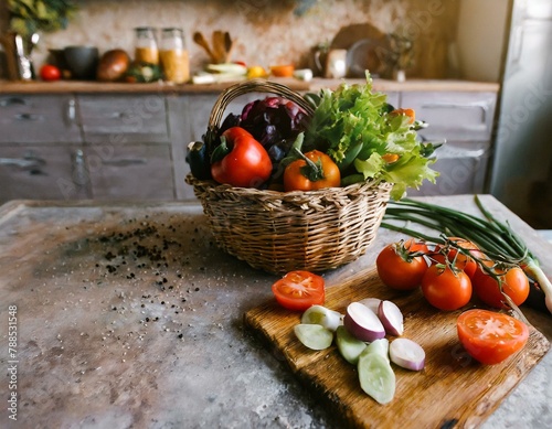 Warzywa w koszyku na kuchennym blacie. Nowalijki. Zdrowe ekologiczne jedzenie. Kulinarne tło