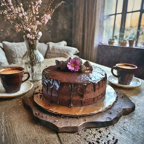 Czekoladowy tort na stole w salonie, w tle filiżanki z kawą. Słodki, czekoladowy deser. Tort urodzinowy