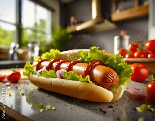 Hot dog na blacie kuchenny, w tle kuchnia. Przygotowanie domowego fast foodu 
