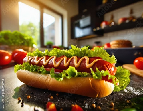 Hot dog na blacie kuchenny, w tle kuchnia. Przygotowanie domowego fast foodu 