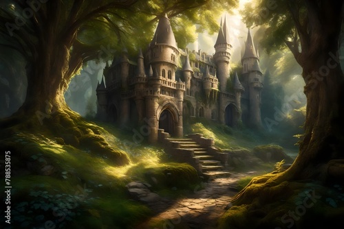 a castle nestled in a magical forest, with soft sunlight filtering through the towering trees.