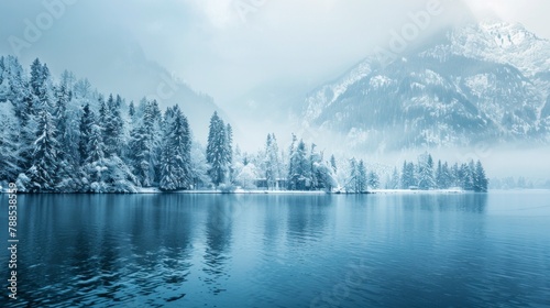 Beautiful landscape of a lake with snow-covered mountains in winter with pine trees in high resolution and high quality. concept landscape, winter, lake