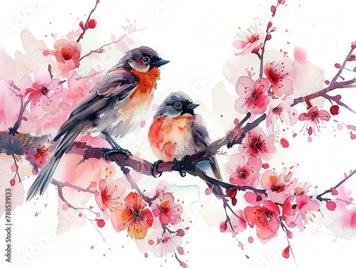 a painting with birds on a tree with flowers in watercolor design artistic Concept of painting technique isolated on white background in canvas Glorious