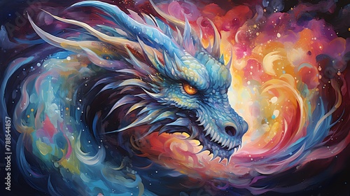Craft an awe-inspiring celestial dragon with shimmering scales and fiery breath twisting through a galaxy of stars, blending realism and abstraction in a breathtaking oil painting