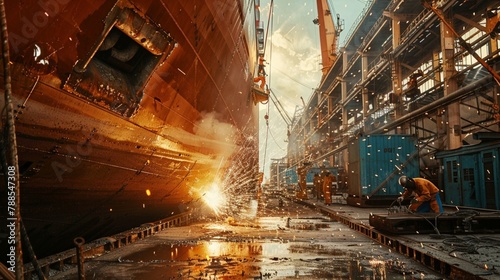 A close-up of precision welding in a shipyard, with welders joining metal plates to construct ships and vessels.