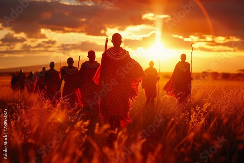 Maasai tribe, traditional attire, Kenyan savannah, cultural dance, sunset