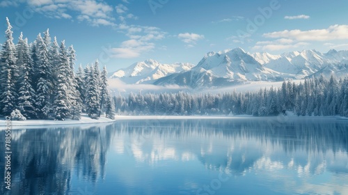 beautiful landscape of a lake with a forested area full of snow and mountains in high resolution and high quality