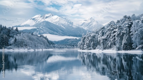 beautiful landscape of a lake with forested area full of snow