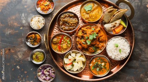 A traditional Indian thali meal arranged beautifully on a copper plate, featuring a variety of vegetarian dishes, chutneys, and pickles, representing the diversity of flavors in Indian cooking.