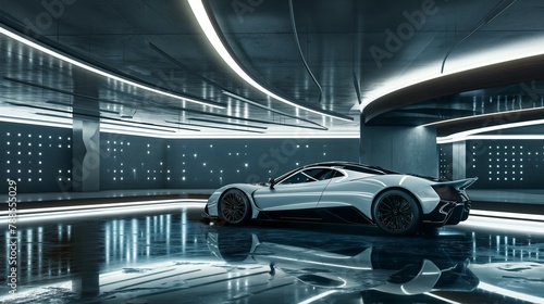 An Electric Sports Car Parked In A Well-Lit Garage.
