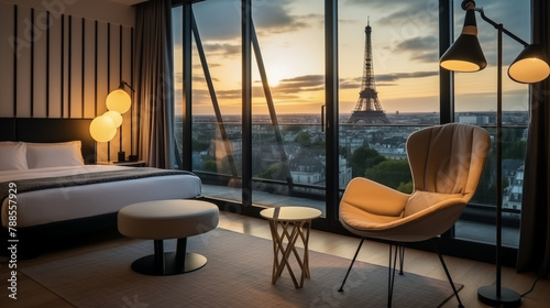 luxury hotel room in Paris, stunning views of the Eiffel tower 