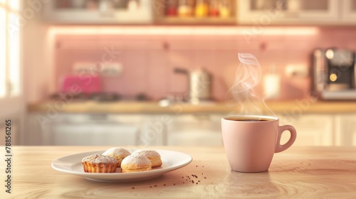Cozy Morning Coffee Scene with Fresh Pastries on Wooden Table