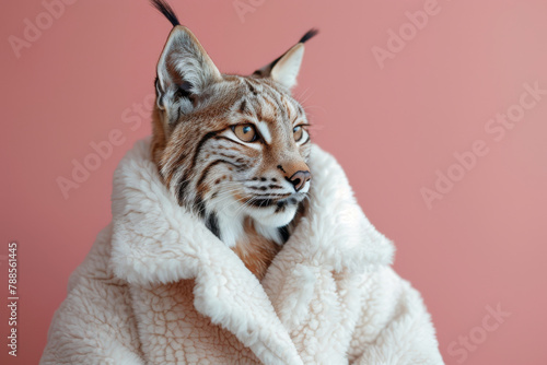 Elegant Lynx Wearing a Fluffy White Coat Against a Pink Background