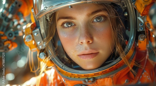 Close-up of a woman astronaut in an orange space suit wearing a helmet.