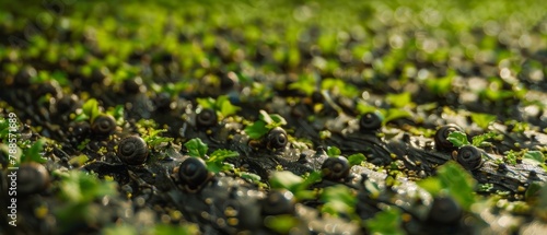 A close-up view of snails amidst young sprouts and dew on a snail farm at sunrise, reflecting the serenity of sustainable farming.