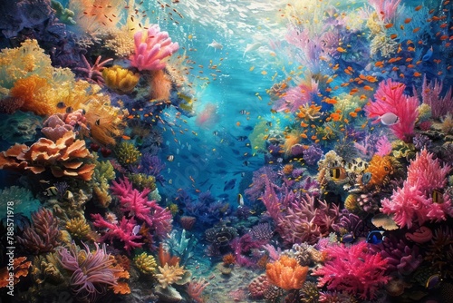 Coral reef, marine life abundance, underwater colors, biodiversity treasure