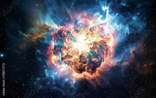 A colossal cosmic explosion erupts in a swirling maelstrom of light and energy, showcasing the raw power and turbulence at the heart of the universe.