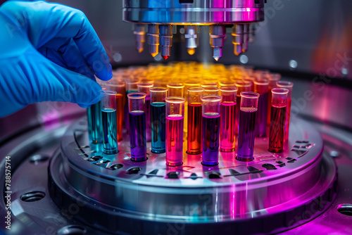 Design an image of a lab technician operating a centrifuge, with tubes of colorful liquids spinning at high speeds, showing the process of separating substances based on density