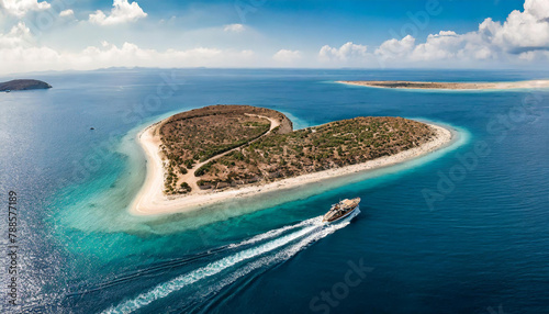 view from the sky of a small desert island with a heart shape, and a small ship approaching it
