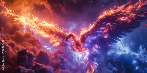 background of a burning phoenix bird flying in a sky full of clouds and lightning striking. 3D rendering. Phoenix Lightning fire wallpaper