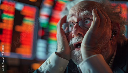 Senior man panicking, watching crashing stocks in a bear market. The stocks are plunging due to a slumping market, leading to a bearish financial crisis. The scene depicts recession, selective focus, 