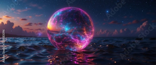 Glowing sphere on seascape background