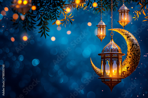 Islamic background with golden lanterns and crescent for Eid greeting card with whitespace and blue theme. Eid and ramadan concept 