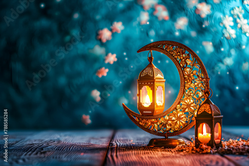 Islamic background with golden lanterns and crescent for Eid greeting card with whitespace and blue theme. Eid and ramadan concept 