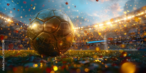 Close up of gold football ball on the grass of stadium field background with confetti. Goal Winning celebration. Football europe championship in Germany wide banner concept with copy space.