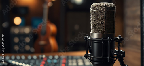 Professional condenser studio microphone in a blurred background with audio mixer, Musical instrument, drum set, guitar, Concept, hype realistic, studio microphone, yukele