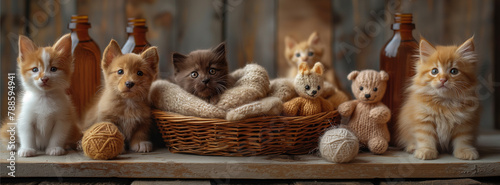 Basket full of pet toys, cats and dogs, on a wooden background with bottles of shampoo for pets. A cute cat is sitting in front of it looking at the camera, while other animals sit behind him