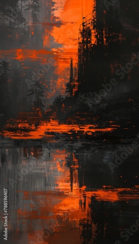 An abstract digital painting in black and orange, showcasing a tragic struggle between old and new. Minimalism and negative space evoke a world of contrasts and emergence.