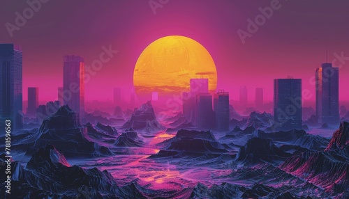 A dystopian city in canary yellow and lilac gradients against a dark background, resembling a Renaissance oil painting. A vivid, darkly splendid vision of tomorrow.