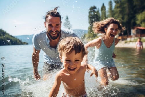 Happy family at the lake having fun and splashing water in summer