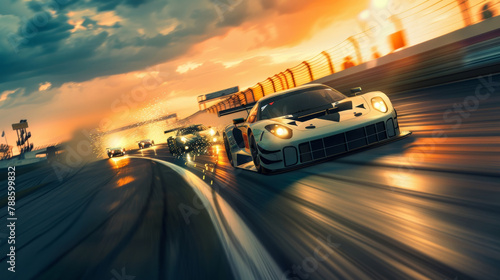 A powerful race car zooms through a racetrack at dusk, with the sky ablaze in vibrant sunset hues and sparks flying from the vehicle.