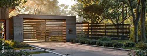 a newly installed slat aluminum fence encircling a stylish house, illuminated by the soft morning sunlight, captured in a high-quality wide shot that accentuates its contemporary allure.