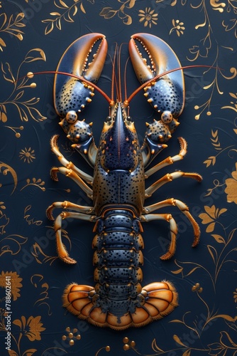 Vintage luxury lobster. Golden with delfts blue lobster on dark background. Premium and artistic.