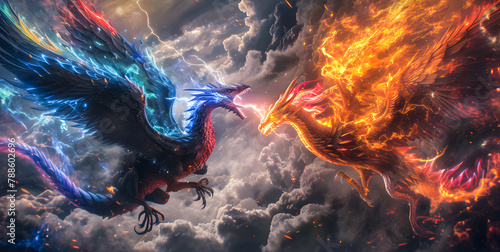 3d illustration Dragon Fighting, epic battle between fire dragon and lightning dragon. concept art, 3D rendering 