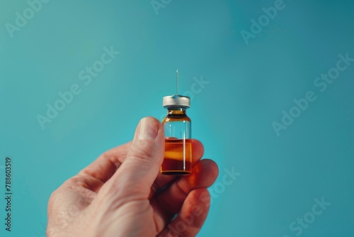 A person holding a small vial filled with liquid. Can be used for science or medical concepts