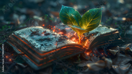 A modern and futuristic digital illustration of a concept where a sprout is growing from a book, set against a dark night background with neon light effects.