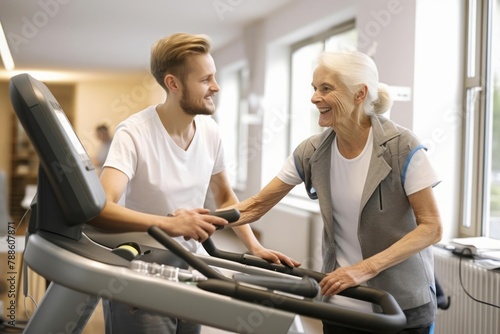 Physiotherapist helping older senior woman on treadmill with handles