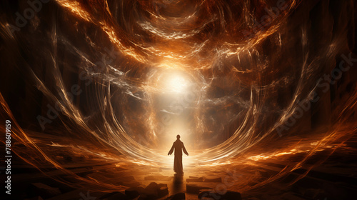 A lone figure stands at the threshold of a mystical vortex where light and earth converge, evoking a sense of cosmic journey and discovery.