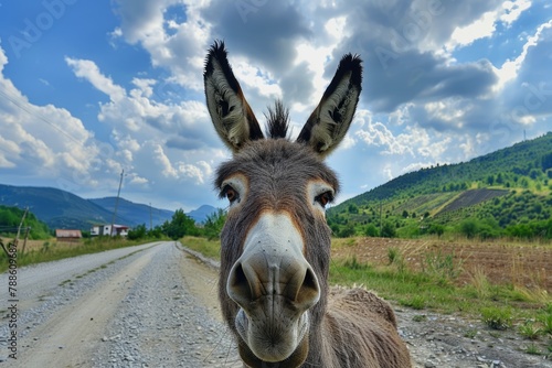 Happy Donkey on Romanian Mountain Road in Summer: Funny and Ravenous Animal Enjoying Nature
