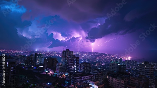Storm Over City: Lightning Thunderbolt Strikes Against Beautiful Purple and Blue Black Ground Background