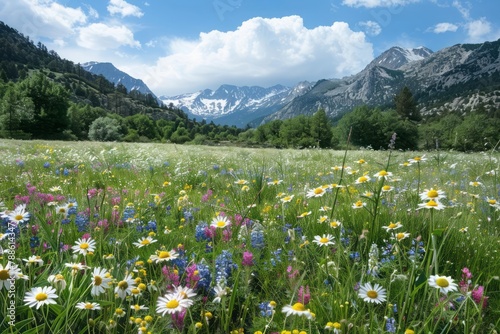 Alpine meadow, wildflowers, mountain backdrop, biodiversity hotspot