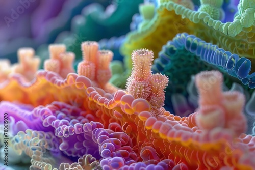 Microscopic view of intestinal villi, nutrient absorption, detailed cross-section