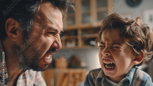 Angry Dad is yelling at his child , Domestic violence concept .