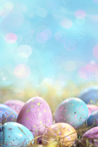 easter blurry background, pastel colors, on the bottom chocoalate easter egg hun Generative AI 